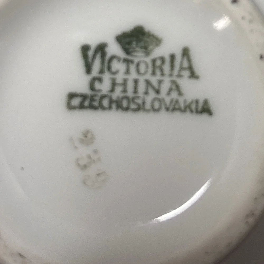 Victoria China Czechoslovakia Fruit Teacup Saucer Set Gold Trim Elegant